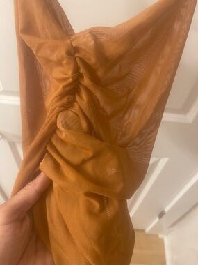 Ruched Mesh Slip Skirt in Rust